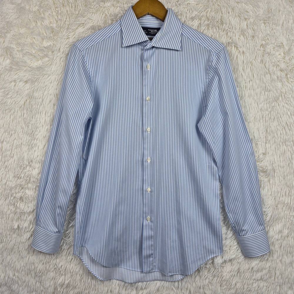 Makers Shirt Kamakura Mens 15-32.5 Slim Fit Traveler Blue White Striped Shirt